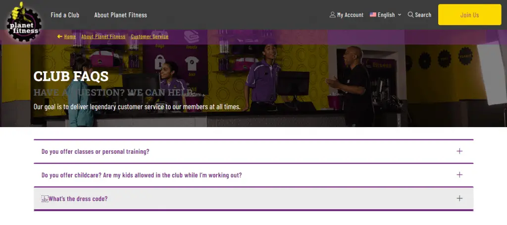 Planet Fitness FAQ page