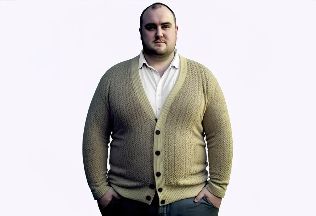 overweight man wearing a cardigan