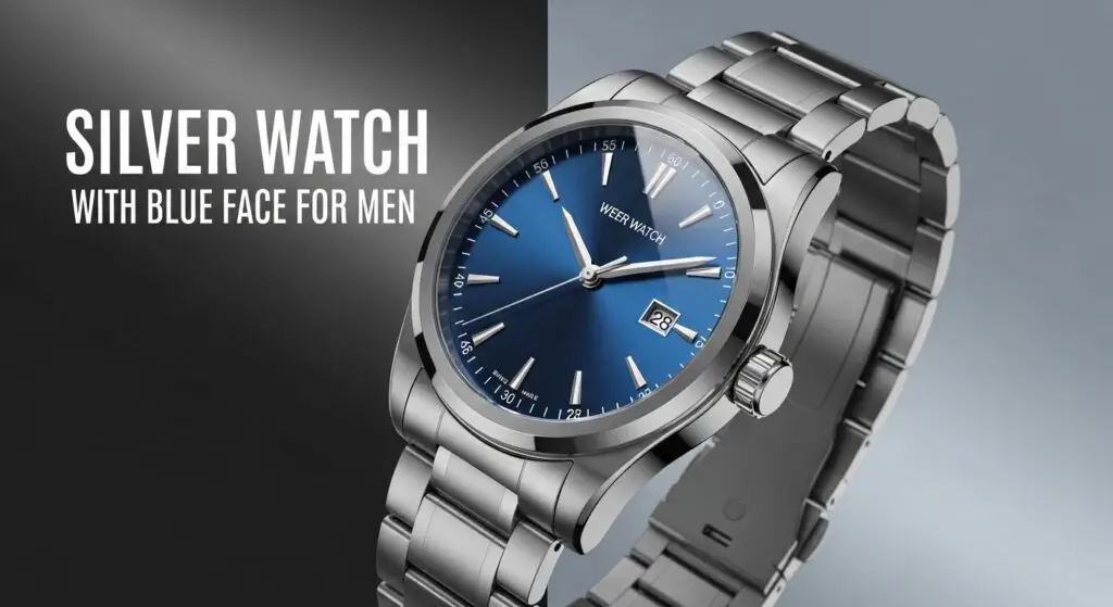 Silver watch with blue face men